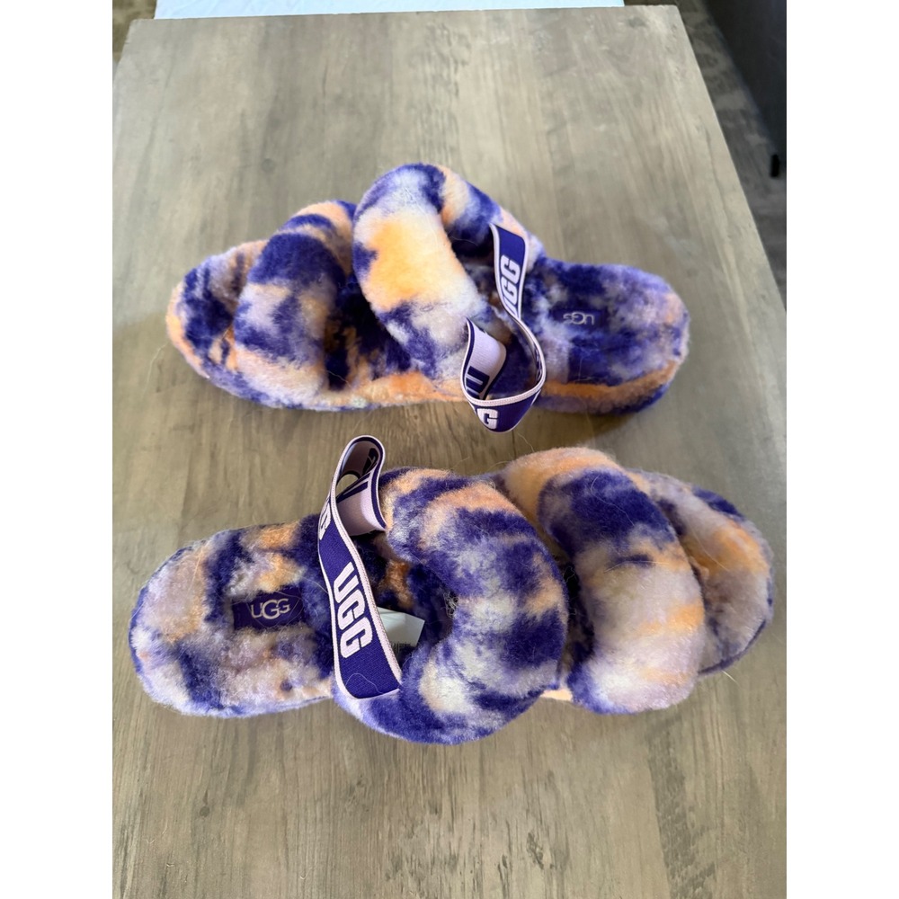 UGG Oh Fluff Yeah Purple Orange Tie Dye Marble Platform Slingback Slides w12
